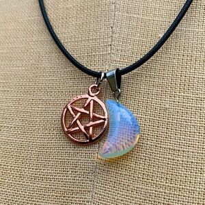 Handmade Mini Moon Opalite Stone Amulet with Pentagram Star Charm
